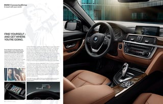 BMW ConnectedDrive 
In touch with your world. 
FIND YOURSELF – 
AND GET WHERE 
YOU’RE GOING. 
From lifestyle to driving style, the 
technologies in the  Series Sedan 
address myriad wants and needs. 
The  Series is all about capability and 
convenience. Inside, you’ll fi nd a wealth 
of features designed to make life easier, 
whether you’re behind the wheel or a 
relaxed passenger. BMW’s iDrive Controller 
is paired with an  . -inch screen in the 
ActiveHybrid  and in vehicles equipped 
with the Navigation system. Like a virtual 
mobile offi ce, BMW ConnectedDrive 
allows you to make hands-free calls, store 
 
22 23 BMW Innovation 
contact information, update your calendar and so much more when 
you sync your compatible smartphone via Bluetooth® technology. 
Play songs, browse your music collection and even see cover art 
on your iDrive screen thanks to an iPod® and USB adapter. The 
available Head-up Display shows critical driving information in a 
brightly lit projection just above the dashboard. The thumping bass 
and clear trebles of the  -speaker Harman Kardon® Surround 
Sound System give you a great reason to crank up your favorite 
driving soundtrack. You can even explore BMW Apps, specially 
designed for BMW owners and vehicles, to do everything from 
locating a restaurant to connecting to your friends via social media. 
The  Series also exceeds expectations when it comes to available 
on-board driving technologies. The Speed Limit Info feature uses 
cameras to “see” posted speed limit signs, and alerts you if you’ve 
approached or surpassed those limits. Blind Spot Detection and 
Lane Departure Warning notify you when you are in danger of 
changing lanes in hazardous situations, or drifting from your lane. 
Surround View provides a way of looking at a  -degree perspec-tive 
around your vehicle, via a series of mounted cameras; Parking 
Assistant makes use of those same cameras to help you fi nd and 
get into a parking spot. 
Get the latest information on BMW standard and optional features, packages and technical 
specifi cations. Visit bmwusa.com, select the BMW model of your choice, and click on 
“Features & Specs.” 
 