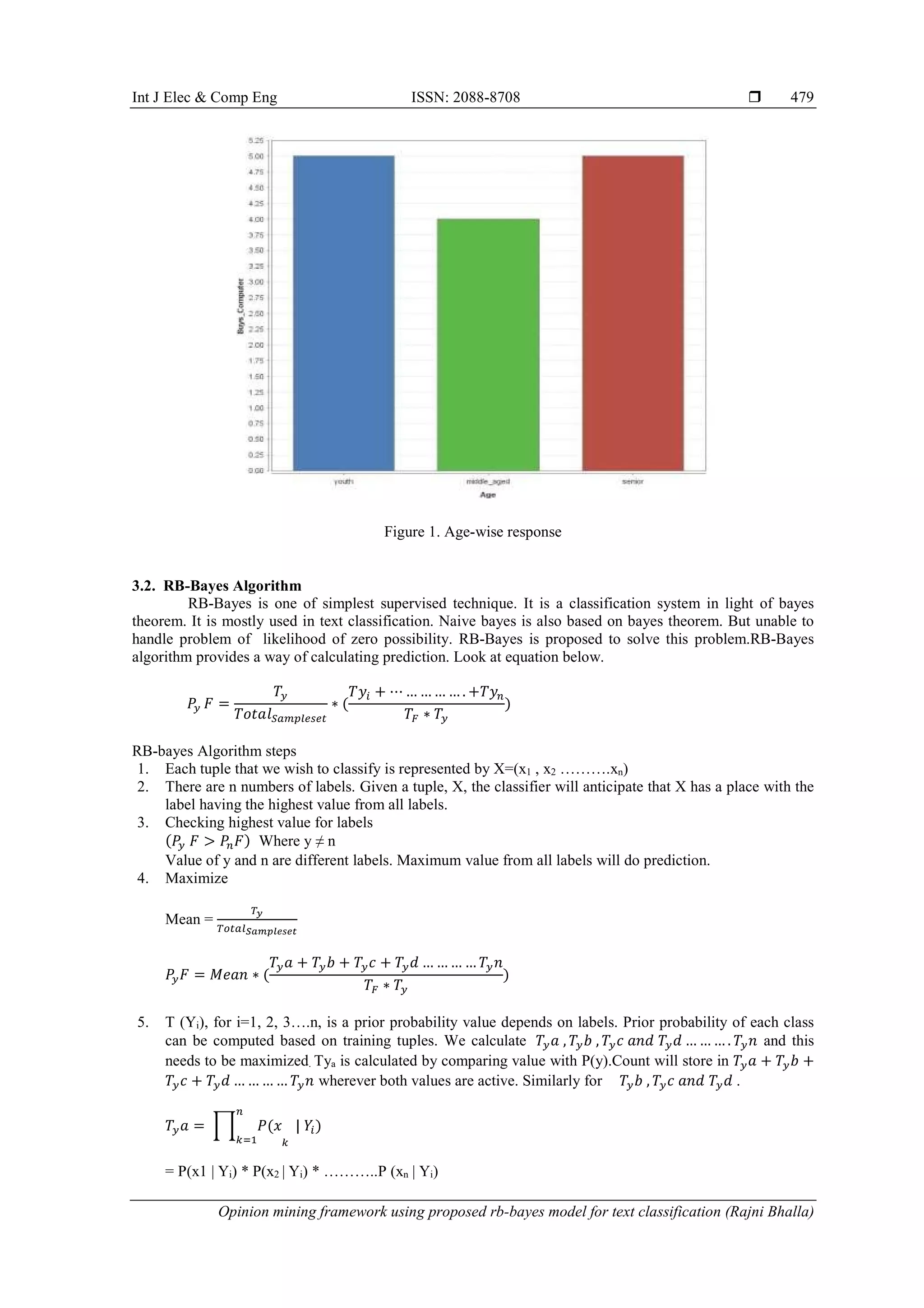 Int J Elec & Comp Eng ISSN: 2088-8708 
Opinion mining framework using proposed rb-bayes model for text classification (Rajni Bhalla)
479
Figure 1. Age-wise response
3.2. RB-Bayes Algorithm
RB-Bayes is one of simplest supervised technique. It is a classification system in light of bayes
theorem. It is mostly used in text classification. Naive bayes is also based on bayes theorem. But unable to
handle problem of likelihood of zero possibility. RB-Bayes is proposed to solve this problem.RB-Bayes
algorithm provides a way of calculating prediction. Look at equation below.
𝑃 𝐹 =
𝑇
𝑇𝑜𝑡𝑎𝑙
∗ (
𝑇𝑦 + ⋯ … … … … . +𝑇𝑦
𝑇 ∗ 𝑇
)
RB-bayes Algorithm steps
1. Each tuple that we wish to classify is represented by X=(x1 , x2 ……….xn)
2. There are n numbers of labels. Given a tuple, X, the classifier will anticipate that X has a place with the
label having the highest value from all labels.
3. Checking highest value for labels
(𝑃 𝐹 > 𝑃 𝐹) Where y ≠ n
Value of y and n are different labels. Maximum value from all labels will do prediction.
4. Maximize
Mean =
𝑃 𝐹 = 𝑀𝑒𝑎𝑛 ∗ (
𝑇 𝑎 + 𝑇 𝑏 + 𝑇 𝑐 + 𝑇 𝑑 … … … … 𝑇 𝑛
𝑇 ∗ 𝑇
)
5. T (Yi), for i=1, 2, 3….n, is a prior probability value depends on labels. Prior probability of each class
can be computed based on training tuples. We calculate 𝑇 𝑎 , 𝑇 𝑏 , 𝑇 𝑐 𝑎𝑛𝑑 𝑇 𝑑 … … … . 𝑇 𝑛 and this
needs to be maximized. Tya is calculated by comparing value with P(y).Count will store in 𝑇 𝑎 + 𝑇 𝑏 +
𝑇 𝑐 + 𝑇 𝑑 … … … … 𝑇 𝑛 wherever both values are active. Similarly for 𝑇 𝑏 , 𝑇 𝑐 𝑎𝑛𝑑 𝑇 𝑑 .
𝑇 𝑎 = 𝑃(𝑥 | 𝑌)
= P(x1 | Yi) * P(x2 | Yi) * ………..P (xn | Yi)
 