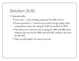 Solution (5/6)
y Question 6b)
y From case , 1 unit of rating represent 921,000 viewers
y From regression 5, 1 unit increase in the average rating of the
competitors reduce the rating for CBC network by 0.2899
y Therefore, for 1 unit increase in rating for ABN and BBS, their
audience increase by 921,000 each and CBC audience decrease
by 266,998
y Thus overall number of viewers increase
 
