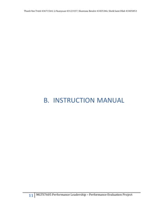 Thanh Van Trinh 43671564; LiYuanyuan 43123157; Shantanu Bendre 43435346; SheikSamiUllah 43405853
11 MGTS7605 Performance Leadership – Performance Evaluation Project
B. INSTRUCTION MANUAL
 