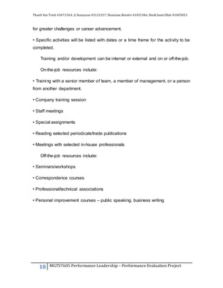 Thanh Van Trinh 43671564; LiYuanyuan 43123157; Shantanu Bendre 43435346; SheikSamiUllah 43405853
18 MGTS7605 Performance Leadership – Performance Evaluation Project
for greater challenges or career advancement.
• Specific activities will be listed with dates or a time frame for the activity to be
completed.
Training and/or development can be internal or external and on or off-the-job.
On-the-job resources include:
• Training with a senior member of team, a member of management, or a person
from another department.
• Company training session
• Staff meetings
• Special assignments
• Reading selected periodicals/trade publications
• Meetings with selected in-house professionals
Off-the-job resources include:
• Seminars/workshops
• Correspondence courses
• Professional/technical associations
• Personal improvement courses – public speaking, business writing
 
