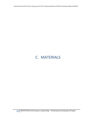 Thanh Van Trinh 43671564; LiYuanyuan 43123157; Shantanu Bendre 43435346; SheikSamiUllah 43405853
19 MGTS7605 Performance Leadership – Performance Evaluation Project
C. MATERIALS
 
