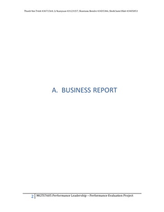 Thanh Van Trinh 43671564; LiYuanyuan 43123157; Shantanu Bendre 43435346; SheikSamiUllah 43405853
2 MGTS7605 Performance Leadership – Performance Evaluation Project
A. BUSINESS REPORT
 