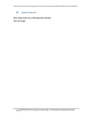 Thanh Van Trinh 43671564; LiYuanyuan 43123157; Shantanu Bendre 43435346; SheikSamiUllah 43405853
26 MGTS7605 Performance Leadership – Performance Evaluation Project
IV. Updated Appraisal
New rating scale and a Self-appraisal checklist.
See next page
 