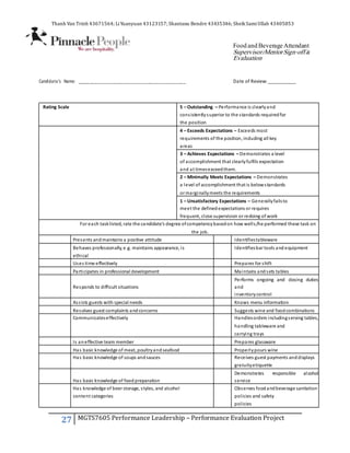 Thanh Van Trinh 43671564; LiYuanyuan 43123157; Shantanu Bendre 43435346; SheikSamiUllah 43405853
27 MGTS7605 Performance Leadership – Performance Evaluation Project
Food and Beverage Attendant
Supervisor/MentorSign-off&
Evaluation
Candidate’s Name: ___________________________________________ Date of Review:___________
Rating Scale 5 – Outstanding – Performance is clearlyand
consistentlysuperior to the standards requiredfor
the position
4 – Exceeds Expectations – Exceeds most
requirements of the position, including all key
areas
3 – Achieves Expectations – Demonstrates a level
of accomplishment that clearlyfulfils expectation
and at timesexceedthem.
2 – Minimally Meets Expectations – Demonstrates
a level of accomplishment that is belowstandards
or marginallymeets the requirements
1 – Unsatisfactory Expectations – Generallyfailsto
meet the definedexpectations or requires
frequent, close supervision or redoing of work
For each tasklisted, rate the candidate’s degree ofcompetencybasedon how wells/he performed these task on
the job.
Presents andmaintains a positive attitude Identifiestableware
Behaves professionally, e.g. maintains appearance, is Identifiesbar tools and equipment
ethical
Uses time effectively Prepares for shift
Participates in professional development Maintains andsets tables
Responds to difficult situations
Performs ongoing and closing duties
and
inventorycontrol
Assists guests with special needs Knows menu information
Resolves guest complaints andconcerns Suggests wine and foodcombinations
Communicateseffectively Handlesorders includingserving tables,
handling tableware and
carrying trays
Is aneffective team member Prepares glassware
Has basic knowledge of meat, poultryandseafood Properlypours wine
Has basic knowledge of soups andsauces Receives guest payments anddisplays
gratuityetiquette
Has basic knowledge of food preparation
Demonstrates responsible alcohol
service
Has knowledge of beer storage, styles, and alcohol Observes foodandbeverage sanitation
content categories policies and safety
policies
 