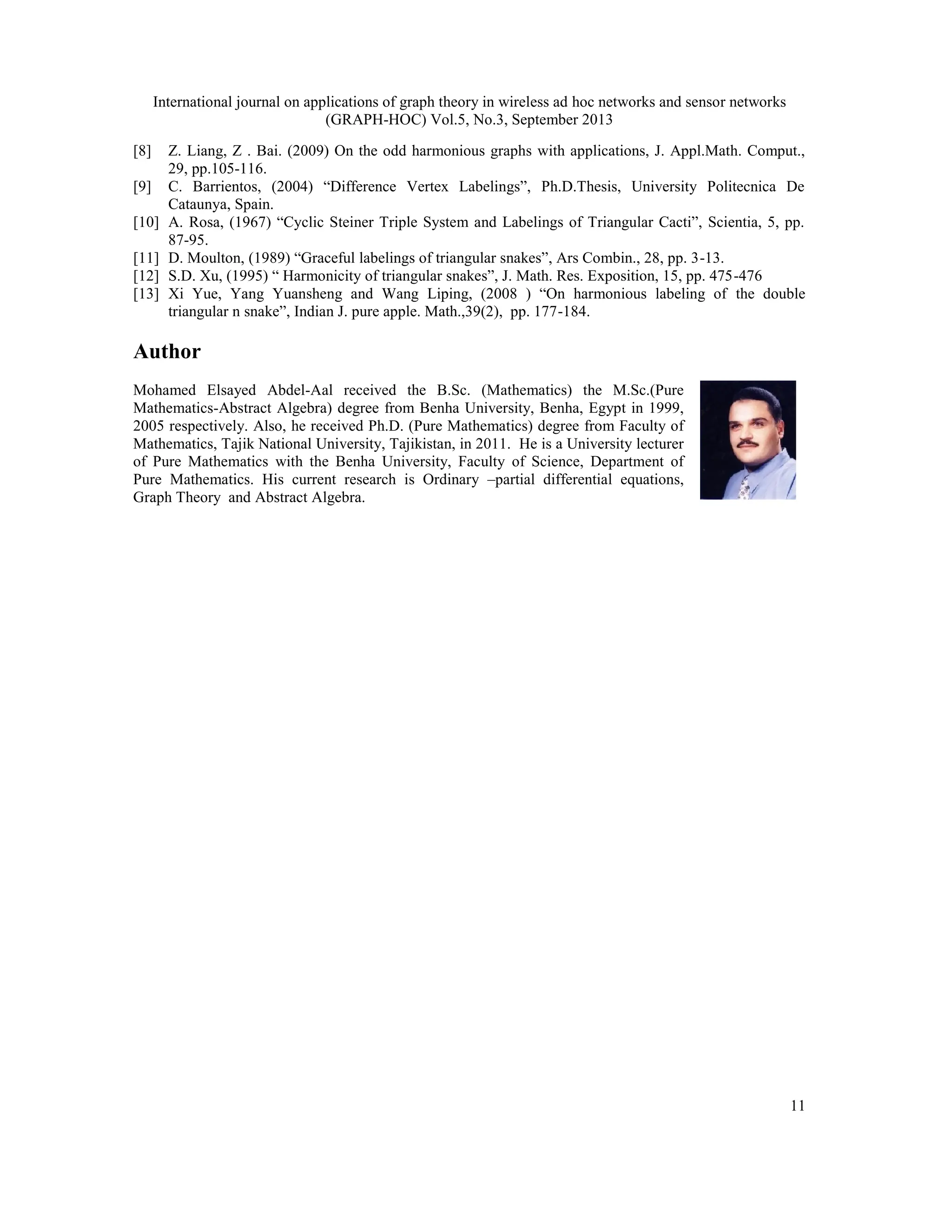 International journal on applications of graph theory in wireless ad hoc networks and sensor networks
(GRAPH-HOC) Vol.5, No.3, September 2013
11
[8] Z. Liang, Z . Bai. (2009) On the odd harmonious graphs with applications, J. Appl.Math. Comput.,
29, pp.105-116.
[9] C. Barrientos, (2004) “Difference Vertex Labelings”, Ph.D.Thesis, University Politecnica De
Cataunya, Spain.
[10] A. Rosa, (1967) “Cyclic Steiner Triple System and Labelings of Triangular Cacti”, Scientia, 5, pp.
87-95.
[11] D. Moulton, (1989) “Graceful labelings of triangular snakes”, Ars Combin., 28, pp. 3-13.
[12] S.D. Xu, (1995) “ Harmonicity of triangular snakes”, J. Math. Res. Exposition, 15, pp. 475-476
[13] Xi Yue, Yang Yuansheng and Wang Liping, (2008 ) “On harmonious labeling of the double
triangular n snake”, Indian J. pure apple. Math.,39(2), pp. 177-184.
Author
Mohamed Elsayed Abdel-Aal received the B.Sc. (Mathematics) the M.Sc.(Pure
Mathematics-Abstract Algebra) degree from Benha University, Benha, Egypt in 1999,
2005 respectively. Also, he received Ph.D. (Pure Mathematics) degree from Faculty of
Mathematics, Tajik National University, Tajikistan, in 2011. He is a University lecturer
of Pure Mathematics with the Benha University, Faculty of Science, Department of
Pure Mathematics. His current research is Ordinary –partial differential equations,
Graph Theory and Abstract Algebra.
 