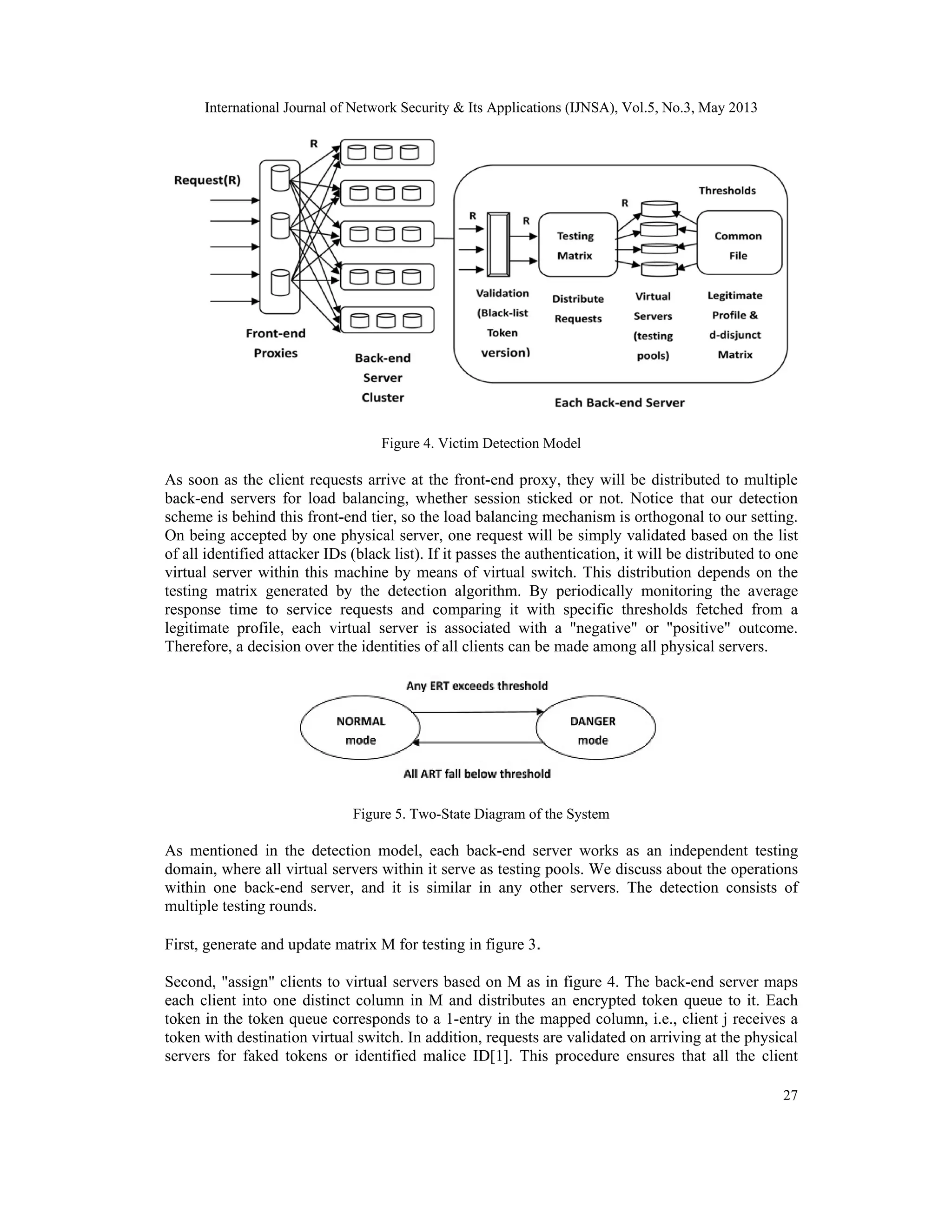 International Journal of Network Security & Its Applications (IJNSA), Vol.5, No.3, May 2013
27
Figure 4. Victim Detection Model
As soon as the client requests arrive at the front-end proxy, they will be distributed to multiple
back-end servers for load balancing, whether session sticked or not. Notice that our detection
scheme is behind this front-end tier, so the load balancing mechanism is orthogonal to our setting.
On being accepted by one physical server, one request will be simply validated based on the list
of all identified attacker IDs (black list). If it passes the authentication, it will be distributed to one
virtual server within this machine by means of virtual switch. This distribution depends on the
testing matrix generated by the detection algorithm. By periodically monitoring the average
response time to service requests and comparing it with specific thresholds fetched from a
legitimate profile, each virtual server is associated with a "negative" or "positive" outcome.
Therefore, a decision over the identities of all clients can be made among all physical servers.
Figure 5. Two-State Diagram of the System
As mentioned in the detection model, each back-end server works as an independent testing
domain, where all virtual servers within it serve as testing pools. We discuss about the operations
within one back-end server, and it is similar in any other servers. The detection consists of
multiple testing rounds.
First, generate and update matrix M for testing in figure 3.
Second, "assign" clients to virtual servers based on M as in figure 4. The back-end server maps
each client into one distinct column in M and distributes an encrypted token queue to it. Each
token in the token queue corresponds to a 1-entry in the mapped column, i.e., client j receives a
token with destination virtual switch. In addition, requests are validated on arriving at the physical
servers for faked tokens or identified malice ID[1]. This procedure ensures that all the client
 