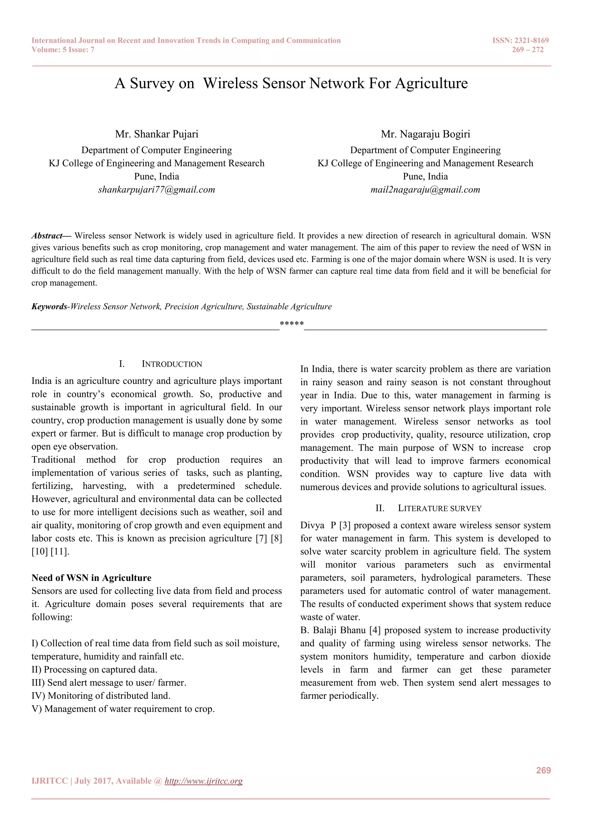 A Survey on Wireless Sensor Network For Agriculture | PDF