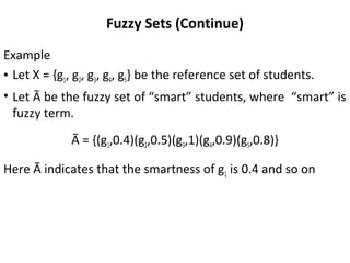 Fuzzy Sets (Continue)
Example
• Let X = {g1, g2, g3, g4, g5} be the reference set of students.
• Let Ã be the fuzzy set of “smart” students, where “smart” is
fuzzy term.
Ã = {(g1,0.4)(g2,0.5)(g3,1)(g4,0.9)(g5,0.8)}
Here Ã indicates that the smartness of g1 is 0.4 and so on
 