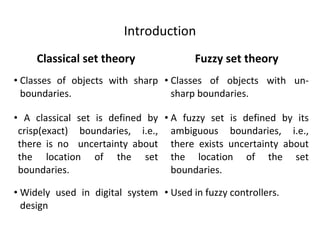 Introduction
Classical set theory Fuzzy set theory
• Classes of objects with sharp
boundaries.
• Classes of objects with un-
sharp boundaries.
• A classical set is defined by
crisp(exact) boundaries, i.e.,
there is no uncertainty about
the location of the set
boundaries.
• A fuzzy set is defined by its
ambiguous boundaries, i.e.,
there exists uncertainty about
the location of the set
boundaries.
• Widely used in digital system
design
• Used in fuzzy controllers.
 