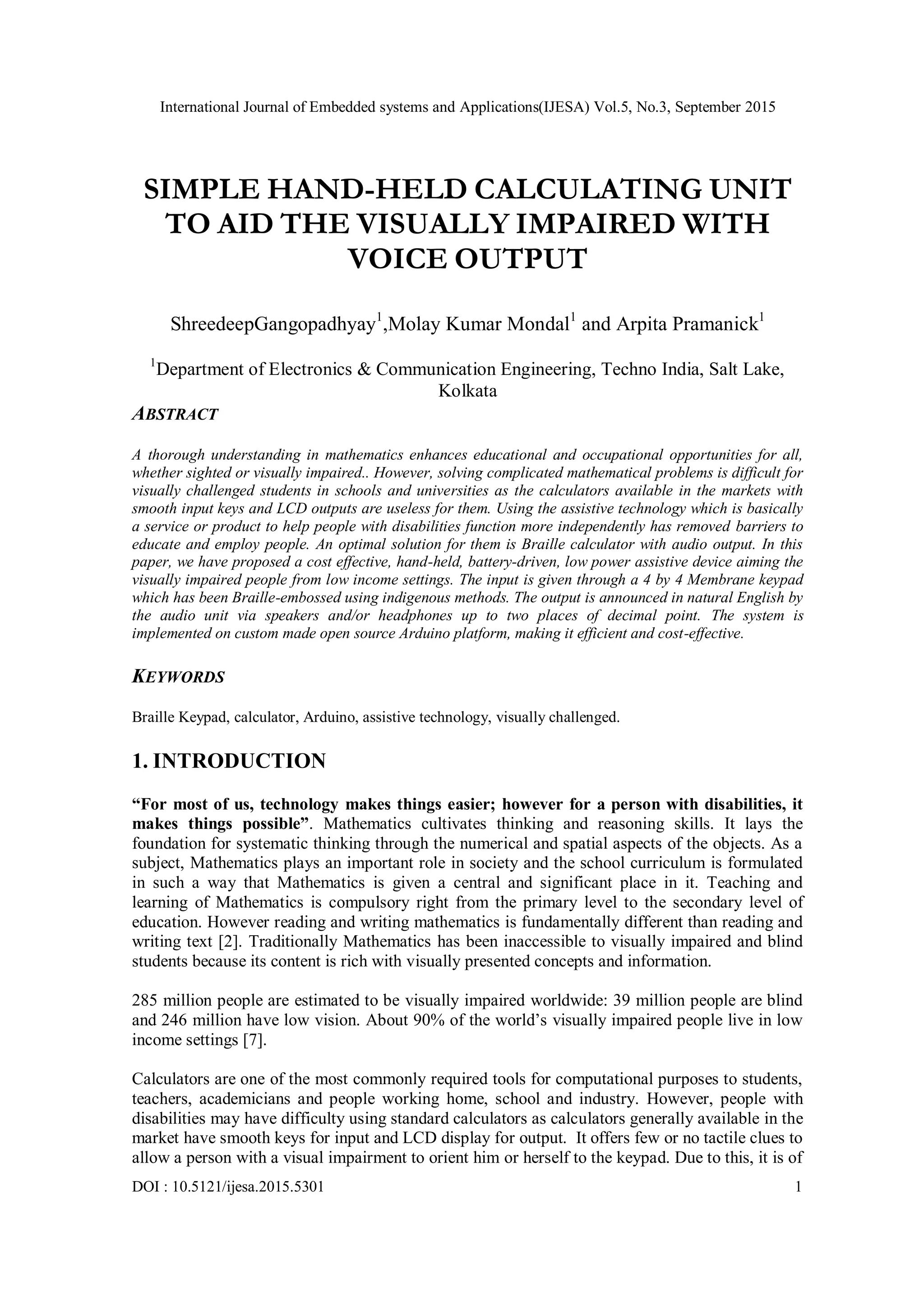 SIMPLE HAND-HELD CALCULATING UNIT TO AID THE VISUALLY IMPAIRED WITH ...