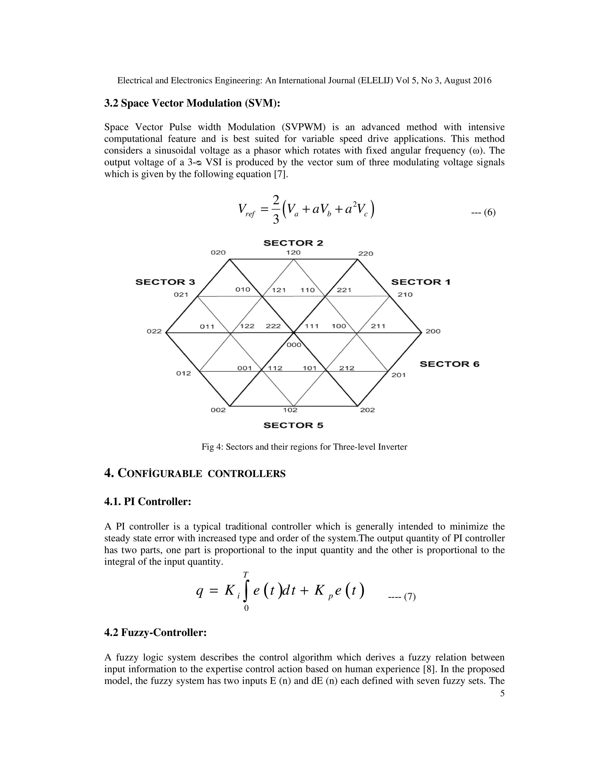 Electrical and Electronics Engineering: An International Journal (ELELIJ) Vol 5, No 3, August 2016
5
3.2 Space Vector Modulation (SVM):
Space Vector Pulse width Modulation (SVPWM) is an advanced method with intensive
computational feature and is best suited for variable speed drive applications. This method
considers a sinusoidal voltage as a phasor which rotates with fixed angular frequency (ω). The
output voltage of a 3-ᴓ VSI is produced by the vector sum of three modulating voltage signals
which is given by the following equation [7].
( )22
3
ref a b cV V aV a V= + + --- (6)
Fig 4: Sectors and their regions for Three-level Inverter
4. CONFİGURABLE CONTROLLERS
4.1. PI Controller:
A PI controller is a typical traditional controller which is generally intended to minimize the
steady state error with increased type and order of the system.The output quantity of PI controller
has two parts, one part is proportional to the input quantity and the other is proportional to the
integral of the input quantity.
( ) ( )
0
T
i pq K e t dt K e t= +∫ ---- (7)
4.2 Fuzzy-Controller:
A fuzzy logic system describes the control algorithm which derives a fuzzy relation between
input information to the expertise control action based on human experience [8]. In the proposed
model, the fuzzy system has two inputs E (n) and dE (n) each defined with seven fuzzy sets. The
 