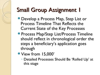 Small Group Assignment 1Small Group Assignment 1
Develop a Process Map, Step List or
Process Timeline That Reflects the
Current State of the Key Processes
Process Map/Step List/Process Timeline
should reflect in chronological order the
steps a beneficiary’s application goes
through
View from 15,000’
◦ Detailed Processes Should Be ‘Rolled Up’ at
this stage
 