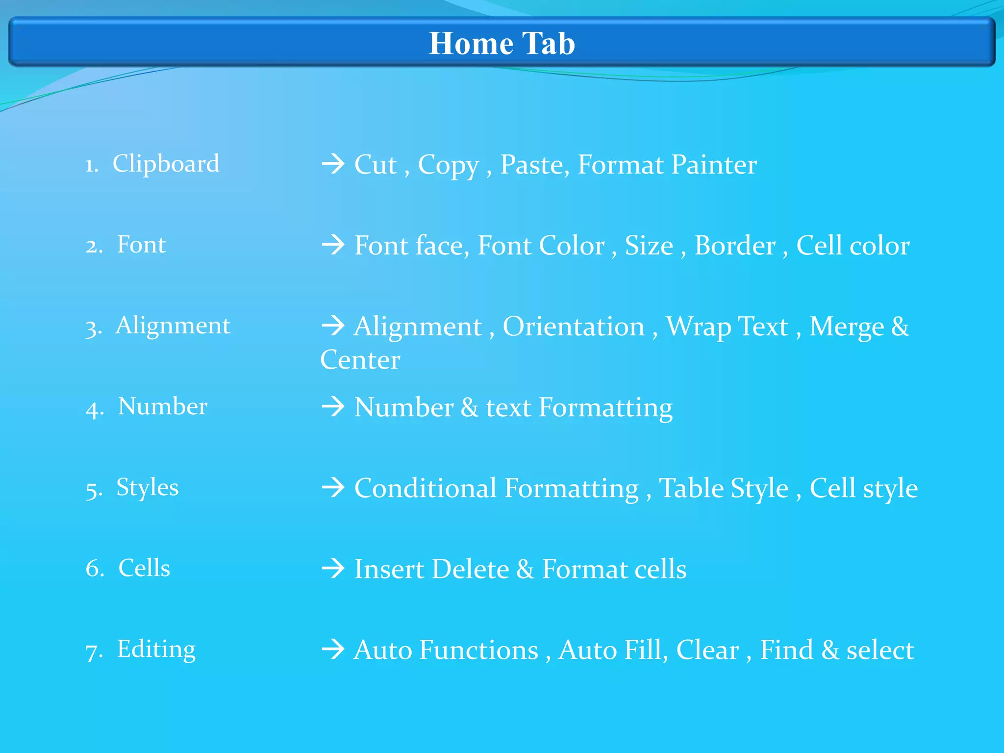 Home Tab
1. Clipboard
2. Font
3. Alignment
4. Number
5. Styles
6. Cells
7. Editing
 Cut , Copy , Paste, Format Painter
 Font face, Font Color , Size , Border , Cell color
 Alignment , Orientation , Wrap Text , Merge &
Center
 Number & text Formatting
 Conditional Formatting , Table Style , Cell style
 Insert Delete & Format cells
 Auto Functions , Auto Fill, Clear , Find & select
 