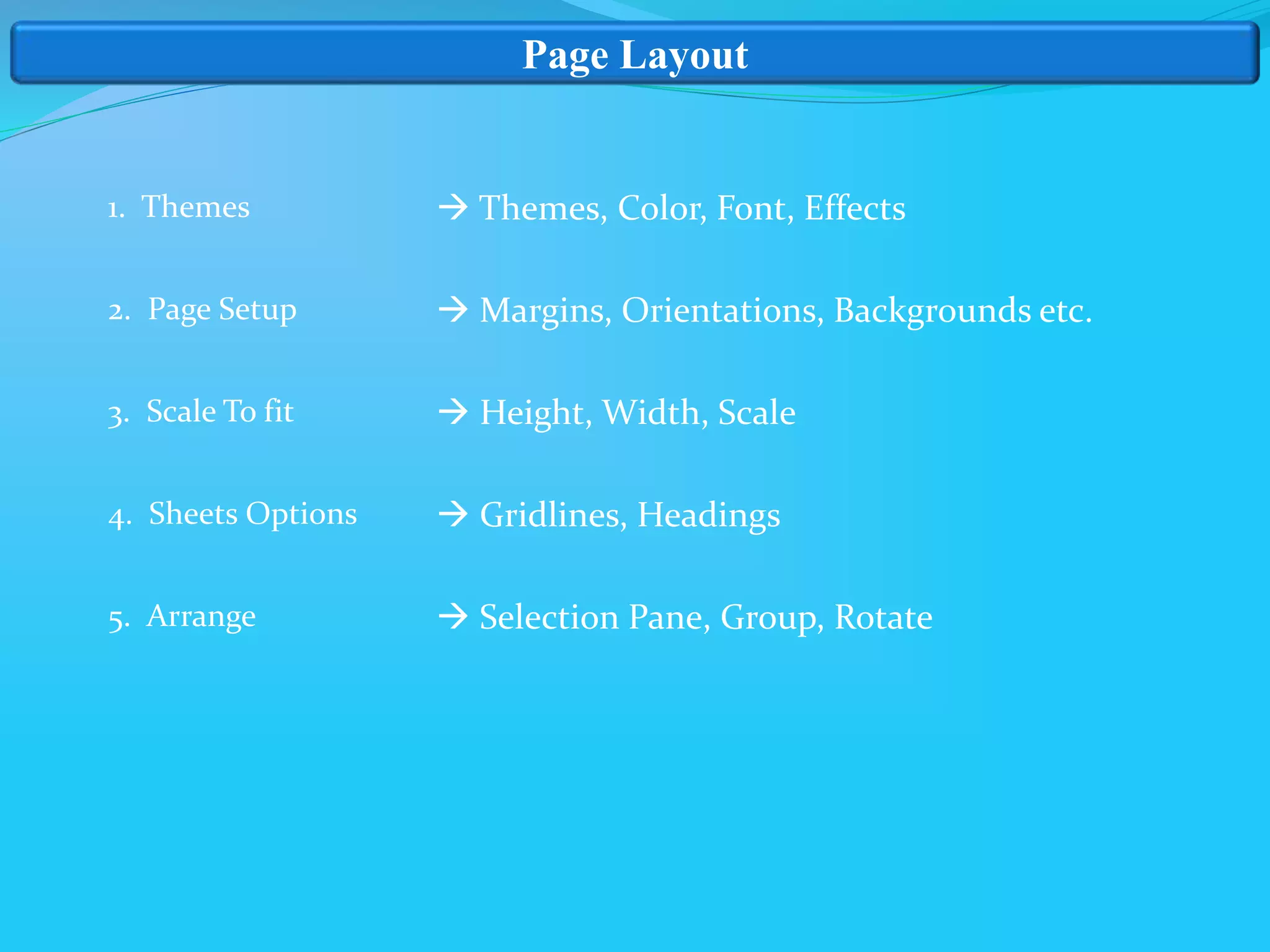 Page Layout
1. Themes
2. Page Setup
3. Scale To fit
4. Sheets Options
5. Arrange
 Themes, Color, Font, Effects
 Margins, Orientations, Backgrounds etc.
 Height, Width, Scale
 Gridlines, Headings
 Selection Pane, Group, Rotate
 