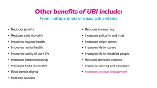 Other benefits of UBI include:
From multiple pilots or quasi UBI systems
• Reduces poverty

• Reduces child mortality

• Improves physical health

• Improves mental health

• Improves quality of work life

• Increases entrepreneurship

• Increases home ownership

• Ends bene
fi
t stigma

• Reduces suicides

• Reduces bureaucracy

• Increases solidarity and trust

• Increases citizen action

• Improves life for carers

• Improves life for disabled people

• Reduces domestic violence

• Improves learning and education

• Increases political engagement
 