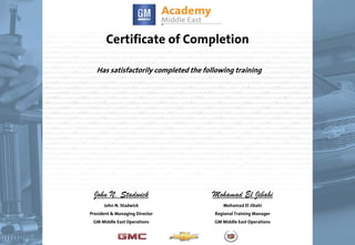 Certificate of Completion
Has satisfactorily completed the following training
John N. Stadwick
John N. Stadwick
President & Managing Director
GM Middle East Operations
Mohamad El Jibahi
Mohamad El Jibahi
Regional Training Manager
GM Middle East Operations
29/05/2013
Ahmad Badran
A1052.16ME
MPPCEP.C9W
A1079.04ME
LMS101.01W
PPCRM.16W
GDSPA.09W
VCFC0.L6W
C1060.08ME
H1062.08ME
A1061.16ME
PDSP1.07W
A1079.04ME
A1052.16ME
MPPCEP.C9W
A1079.04ME
LMS101.01W
PPCRM.16W
GDSPA.09W
VCFC0.L6W
C1060.08ME
H1062.08ME
A1061.16ME
PDSP1.07W
A1079.04ME
EPC4 Training
Global EPC 4
GM Difference Customer Enthusiasm
Introduction to the GM LAAM LMS
Understanding the Retail Inventory Management
System
Protecting and Managing Your Assets
How to Build Customer Enthusiasm
GM DAT Electronic Parts Cataloging
Holden Partfinder
Microcat Training
Parts Workbench Overview
GM Difference Customer Enthusiasm
EPC4 Training
Global EPC 4
GM Difference Customer Enthusiasm
Introduction to the GM LAAM LMS
Understanding the Retail Inventory Management
System
Protecting and Managing Your Assets
How to Build Customer Enthusiasm
GM DAT Electronic Parts Cataloging
Holden Partfinder
Microcat Training
Parts Workbench Overview
GM Difference Customer Enthusiasm
09/10/2011
13/10/2011
13/10/2011
15/10/2011
15/10/2011
15/10/2011
15/10/2011
21/10/2011
21/10/2011
21/10/2011
01/11/2011
01/11/2011
09/10/2011
13/10/2011
13/10/2011
15/10/2011
15/10/2011
15/10/2011
15/10/2011
21/10/2011
21/10/2011
21/10/2011
01/11/2011
01/11/2011
 
