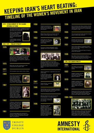 TIMELINE OF THE WOMEN’S MOVEMENT IN IRANKEEPING IRAN’S HEART BEATING:
1979 ESTABLISHMENT OF THE ISLAMIC
REPUBLIC OF IRAN
The Family Protection Act is abrogated and women
are barred from becoming judges and from some
other ﬁelds such as horticulture.
The veil is made compulsory,
ﬁrst for governmental ofﬁces,
and then for the entire
country. Leftist demonstrations
against the veil are met with
violence.
In the ﬁrst Majlis, among 217
elected members, only three
are women.
1925-1979 PAHLAVI DYNASTY
1978
33 per cent of university students are now female
with two million in the workforce. 190,000 are
professionals with university degrees. There are
333 women in the local councils, 22 in Majlis and
two in the Senate.
1975
Women gain the right of guardianship of their
children after their husbands’ death.
1971
January 3 The ﬁrst women’s soccer match is held in Tehran.
1969
June 4 sees the appointment
of Shirin Ebadi, Manijeh
Farzad, Meimanat Chubak,
Adineh Banimehr, Zahra
Khavaran, Azamush Malek,
and Homayundokht Homayuni
as Iran’s ﬁrst 7 female judges.
1967
The Family Protection Act is
ratiﬁed. Gains are made with
respect to divorce laws, as
divorce has to be referred to
family courts. Polygamy is
limited and the ﬁrst wife’s
written consent is now
required. Age of marriage
for girls is set to 18 years.
Farokhroo Parsa becomes the
ﬁrst woman minister in Iran.
1962
In Bahman, ﬁnally women are
given the right to vote and to
be elected. Fatwas by known
ﬁgures including Ayatollah
Khomeini declare the move
as heretical; demonstrations
follow but are quashed.
1961
The ﬁrst female lawyers union announces its
existence in Tehran demanding the right to vote,
the right to be voted into parliament and equal
rights in all professions.
1958
Sattareh Farmanfarmanian
creates the ﬁrst classes for the
training of social workers and
social services.
1956
Maryam Savoji writer and jurist poet is the ﬁrst
woman to discuss legal issues on the radio.
1953
Shortly after the 1953 coup,
the Higher Council of Women
is formed and headed by
Ashraf Pahlavi.
1952
Publication of Ebtehaj Mostahagh’s journal
Hoghugh-e Zan (Journal of Women’s Rights).
1951
Mehrangiz Dawlatshahi, the ﬁrst female
Ambassador, forms human rights organisation,
Rah Naw with Safeyeh Firouz. The two meet with
the young Shah and demand electoral rights.
Opposition by religious authorities ends the
debate.
1949
Yekatrina Saidkhanian is appointed as Iran’s ﬁrst
female lawyer.
Dr Mehrangiz Manuchehrian
publishes a paper entitled
“Criticism of the Constitution
of Iran from the viewpoint of
Women’s Rights”.
1947
February 5 Raziyeh Sha’bani, prominent
activist, is arrested.
1946
Fatemeh Sayah and Simin Daneshvar, along with
other prominent activists, found the party Hezb-e
Zanan-e Iran (Women’s Party of Iran).
1940
Mehrangiz Afzal and Zia Javid are Iran’s ﬁrst
female graduates in the natural sciences.
The ﬁrst female Iranian pilot,
Efat Tejaratchi, completes her
ﬁrst solo ﬂight.
1936
Reza Shah, his wife and
daughters attend the
graduation ceremony at the
Women’s Teacher Training
College in Tehran. All women
were advised to come
unveiled. Unveiling is made
compulsory and women are
barred from wearing chador
and scarf in public.
1936
The ﬁrst females enter Tehran University. Amineh
Pakravan becomes the ﬁrst female lecturer and Dr.
Fatemah Sayah the ﬁrst woman to be appointed a
full professor in 1938.
1935
The Iranian government passes legislation allowing
women to attend state universities.
1934
Ruhangiz Samineijad becomes
the ﬁrst female Iranian actress
in a feature length production.
1931
The ﬁrst ofﬁcial Women’s Conference is held in
Tehran and the age of marriage is raised to 15 for
girls and 18 for boys.
The ﬁrst group of Iranian girls travel to Europe to
pursue their education.
1926
Banu Namus founds the ﬁrst girl’s school in
Shiraz. An angry mob reacts by pouring hot ashes
on her head and holding a torch to her skin.
1785-1925 QAJAR DYNESTY
1923
January 31 The creation of the Jamiyate
Nesvan-e (Patriotic Women’s
Society).
1922
Sedigheh Dolatabadi becomes
the ﬁrst Iranian woman to
participate in the International
Women’s Conference.
1919
Sedigheh Dolatabadi founds
the ﬁrst Iranian women’s
publication openly registered
under a woman’s name, called
Zaban-e Zanan (The Voice of
Women).
1910
Despite the fact that 97 per cent of Iranian women
are illiterate and writing by women is seen as
taboo, Dr. Kahali Jadid al-Islam Hamedani starts
the ﬁrst Iranian Women’s publication, Danesh.
1904-1905
Women, particularly in Tehran and Tabriz, become
active in the constitutional struggle, boycotting
foreign goods, joining underground activities
against foreign forces, organising street riots and
selling jewellery to support constitutionalist forces.
 