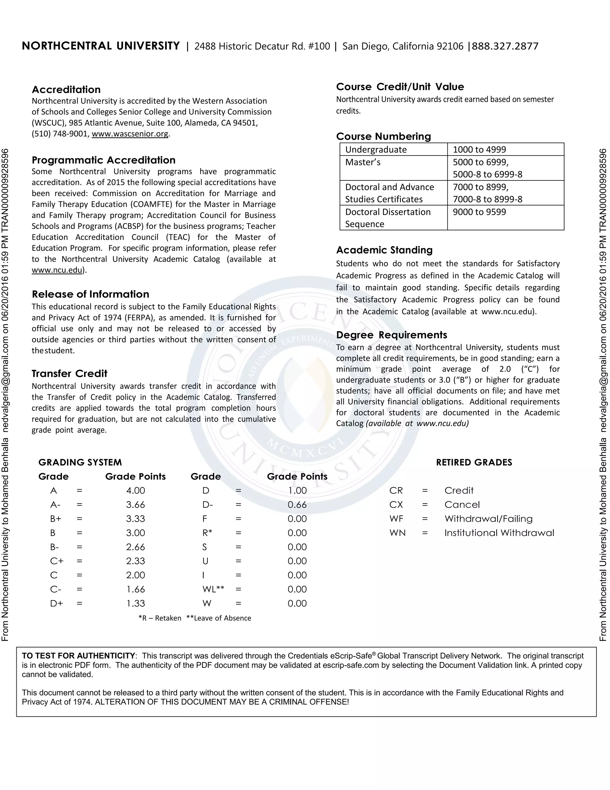 FromNorthcentralUniversitytoMohamedBenhallanedvalgeria@gmail.comon06/20/201601:59PMTRAN000009928596
FromNorthcentralUniversitytoMohamedBenhallanedvalgeria@gmail.comon06/20/201601:59PMTRAN000009928596
NORTHCENTRAL UNIVERSITY | 2488 Historic Decatur Rd. #100 | San Diego, California 92106 |888.327.2877
Accreditation
Northcentral University is accredited by the Western Association
of Schools and Colleges Senior College and University Commission
(WSCUC), 985 Atlantic Avenue, Suite 100, Alameda, CA 94501,
(510) 748-9001, www.wascsenior.org.
Programmatic Accreditation
Some Northcentral University programs have programmatic
accreditation. As of 2015 the following special accreditations have
been received: Commission on Accreditation for Marriage and
Family Therapy Education (COAMFTE) for the Master in Marriage
and Family Therapy program; Accreditation Council for Business
Schools and Programs (ACBSP) for the business programs; Teacher
Education Accreditation Council (TEAC) for the Master of
Education Program. For specific program information, please refer
to the Northcentral University Academic Catalog (available at
www.ncu.edu).
Release of Information
This educational record is subject to the Family Educational Rights
and Privacy Act of 1974 (FERPA), as amended. It is furnished for
official use only and may not be released to or accessed by
outside agencies or third parties without the written consent of
thestudent.
Transfer Credit
Northcentral University awards transfer credit in accordance with
the Transfer of Credit policy in the Academic Catalog. Transferred
credits are applied towards the total program completion hours
required for graduation, but are not calculated into the cumulative
grade point average.
Course Credit/Unit Value
Northcentral University awards credit earned based on semester
credits.
Course Numbering
Undergraduate 1000 to 4999
Master’s 5000 to 6999,
5000-8 to 6999-8
Doctoral and Advance
Studies Certificates
7000 to 8999,
7000-8 to 8999-8
Doctoral Dissertation
Sequence
9000 to 9599
Academic Standing
Students who do not meet the standards for Satisfactory
Academic Progress as defined in the Academic Catalog will
fail to maintain good standing. Specific details regarding
the Satisfactory Academic Progress policy can be found
in the Academic Catalog (available at www.ncu.edu).
Degree Requirements
To earn a degree at Northcentral University, students must
complete all credit requirements, be in good standing; earn a
minimum grade point average of 2.0 (“C”) for
undergraduate students or 3.0 (“B”) or higher for graduate
students; have all official documents on file; and have met
all University financial obligations. Additional requirements
for doctoral students are documented in the Academic
Catalog (available at www.ncu.edu)
GRADING SYSTEM RETIRED GRADES
Grade Grade Points Grade Grade Points
A = 4.00 D = 1.00 CR = Credit
A- = 3.66 D- = 0.66 CX = Cancel
B+ = 3.33 F = 0.00 WF = Withdrawal/Failing
B = 3.00 R* = 0.00 WN = Institutional Withdrawal
B- = 2.66 S = 0.00
C+ = 2.33 U = 0.00
C = 2.00 I = 0.00
C- = 1.66 WL** = 0.00
D+ = 1.33 W = 0.00
*R – Retaken **Leave of Absence
TO TEST FOR AUTHENTICITY: This transcript was delivered through the Credentials eScrip-Safe®
Global Transcript Delivery Network. The original transcript
is in electronic PDF form. The authenticity of the PDF document may be validated at escrip-safe.com by selecting the Document Validation link. A printed copy
cannot be validated.
This document cannot be released to a third party without the written consent of the student. This is in accordance with the Family Educational Rights and
Privacy Act of 1974. ALTERATION OF THIS DOCUMENT MAY BE A CRIMINAL OFFENSE!
 