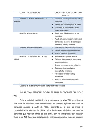 COMPETENCIAS BÁSICAS                    CARACTERÍSTICAS DEL ENTORNO
                                                              VIRTUAL
          Aprender a buscar información y a      Desarrolla estrategias de búsqueda y
aprender                                          selección
                                                 Favorece la re-descripción de ideas.
                                                 Promueve la autorregulación del
                                                  propio aprendizaje
          Aprender a comunicarse                 Asiste en la decodificación de los
                                                  mensajes
                                                 Ayuda a la comunicación multimedial
                                                 Beneficia la aparición de estrategias
                                                  de lectura, habla y escritura
          Aprender a colaborar con otros         Refuerza las habilidades cooperativas
                                                 Facilita el aprendizaje entre iguales
                                                 Suscita identidad y cohesión
          Aprender a participar en la vida       Alienta la participación pública
pública                                          Estimula el contraste de opiniones y
                                                  argumentaciones
                                                 Origina comportamientos solidarios
                                                 Despliega el perspectivismo
                                                  conceptual y emocional
                                                 Favorece el autoconcepto y
                                                  autoestima
                                                 Apoya la definición de proyectos
                                                  personales

          Cuadro nº 1: Entorno virtual y competencias básicas


          2.- LAS COMPETENCIAS DIGITALES PARA EL DOCENTE DEL SIGLO
XXI

          En la actualidad, y refriéndonos al uso que se da a las TIC, encontramos
dos tipos de usuarios, bien diferenciados: los nativos digitales, que son las
personas nacidas a partir de 1982, momento en el que se inicia la
comercialización de todo lo digital; y los inmigrantes digitales, que son las
personas que nacieron antes de esa fecha, son los inmigrantes que llegaron
tarde a las TIC. Dentro de esta tipología, podremos encontrar otras, de acuerdo



                                                                                       145
 