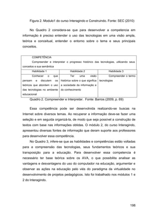 Figura 2. Modulo1 do curso Interagindo e Construindo. Fonte: SEC (2010)

     No Quadro 2 considera-se que para desenvolver a competencia em
informação é preciso entender o uso das tecnologias em uma visão ampla,
teórica e conceitual, entender o entorno sobre o tema e seus principais
conceitos.


       COMPETÊNCIA
       Compreender e interpretar o progresso histórico das tecnologias, utilizando seus
conceitos e sua semântica
       Habilidade 1                      Habilidade 2                     Habilidade 3
       Conhecer       o   que            Ter     uma      visão           Compreender o termo
pensam    e   discutem      os   histórica sobre o que significa   tecnologias
teóricos que abordam o uso       a sociedade da informação e
das tecnologias no ambiente      do conhecimento
educacional
     Quadro 2. Compreender e Interpretar. Fonte: Barros (2009, p. 69)

     Essa competência pode ser desenvolvida realizando-se buscas na
Internet sobre diversos temas. Ao recuperar a informação deve-se fazer uma
seleção e em seguida organizá-la, de modo que seja possível a construção de
textos com base nas informações obtidas. O módulo 2, do curso Interagindo,
apresentou diversas fontes de informação que deram suporte aos professores
para desenvolver essa competência.
     No Quadro 3, infere-se que as habilidades e competências estão voltadas
para a compreensão das tecnologias, seus fundamentos teóricos e sua
transposição para a educação. Para desenvolver essa competencia é
necessário ter base teórica sobre os AVA, o que possibilita analisar as
vantagens e desvantagens do uso do computador na educação, argumentar e
observar as ações na educação pelo viés do paradigma da virtualidade no
desenvolvimento de projetos pedagógicos. Isto foi trabalhado nos módulos 1 e
2 do Interagindo.




                                                                                         198
 
