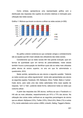 Como síntese, apresenta-se uma representação gráfica com a
distribuição das respostas dos sujeitos da amostra relativas à motivação para
utilização das redes sociais.

Gráfico 1: Motivos que levam os alunos a utilizar as redes sociais (n=350)

    100%
     80%
     60%
     40%
     20%                                                  NR
      0%                                                  Não
                                                          Sim




      No gráfico anterior evidencia-se que contactar amigos e entretenimento
são as opções que têm maior adesão dos utilizadores das redes sociais.
      Considerando que as redes sociais têm tido grande evolução, quer em
termos de quantidade quer em termos de potencialidades, neste estudo
também houve a preocupação de identificar quais são as redes mais utilizadas
pelos alunos do ensino superior, no ano em que foi administrado o
questionário, 2010.
      Neste sentido, apresentou-se aos alunos a seguinte questão: “Saliente
as redes sociais que utiliza regularmente”, tendo sido apresentadas aos alunos
as seguintes opções: Facebook, Hi5, MySpace, Orkut, Twitter, Bebo e “outras”.
Cada aluno, para cada uma das redes salientadas tinha duas opções de
resposta, “sim” e “não”, podendo desta forma, seleccionar todas as redes que
costuma utilizar.
      A partir das respostas dos 350 alunos, verificou-se que o Facebook e o
Hi5 são as mais utilizadas, respectivamente por 81% e 77% dos alunos. Na
utilização das outras redes verificam-se as seguintes percentagens de alunos
que as utilizam: MySpace (12%), Twitter (10%), Orkut (4%), Bebo (1%) e outras
(7%), tendo salientado como outras o MSN, LinkedIn, Netlog, Tagged e Badoo.

                                                                             221
 