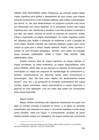 CAÑAS, 2004; RUIZ-PRIMO, 2004). Professores, por exemplo, podem utilizar
mapas cognitivos para facilitar o planejamento de seus cursos, para mapear
áreas de conhecimento e criar materiais didáticos, para avaliar a aprendizagem
dos alunos, ou, até, para desenvolverem um programa curricular mais amplo
em colaboração com outros docentes. Já os estudantes, podem usar mapas
cognitivos para criar, representar e visualizar o que eles já sabem e assinalar o
que eles não sabem, servindo de auxílio no processo de raciocínio, análise
crítica e organização da própria aprendizagem. Os mapas cognitivos podem
ser utilizados para facilitar a resolução de problemas e para a geração de
novas idéias. Quando inseridos nos materiais didáticos, podem servir como
índices ou guias para o estudo desses materiais. Podem, ainda, constituir o
produto de uma atividade pedagógica, servindo como objeto de avaliação
dessa atividade (JONASSEN, CARR E YUEH, 1996; NOVAK, 1998;
KANKKUNEN, 2004).
        Existem diversos tipos de mapas cognitivos: os mapas mentais, os
mapas conceituais, as redes semânticas, os mapas argumentativos, entre
outros (OKADA, 2008). Mais do que técnicas ou métodos de organização de
informações, os mapas são propostas de representação de conhecimento e,
portanto, fundamentam-se em diferentes teorias sobre conhecimento e
aprendizagem. Aqui, não será nosso objetivo nos aprofundarmos nessas
teorias18, mas, sim, o de apresentar as principais características dos mapas
mentais, mapas conceituais, mapas argumentativos e mapas hipermídia, e
algumas de suas aplicações, uma vez todas elas podem ser incorporadas
pelos mapas hipermídia.


        Mapas mentais
        Mapas mentais (mindmaps) são diagramas hierárquicos nos quais uma
idéia ou conceito principal é colocado no centro, e as idéias ou conceitos
subordinados são dispostos em ramos e sub-ramos irradiados a partir desse
centro (BUZAN, 1993) (ver Figura 1). Eventualmente, conceitos de ramos
distintos também podem ser interligados. Os mapas mentais são comumente


18
         Para uma descrição mais abrangente dos diversos tipos de mapas cognitivos, sua utilidade e
aplicação na Educação, sugerimos a leitura de Okada (2008).
                                                                                                      236
 