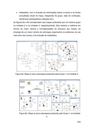    metadados: com a inclusão de informações sobre a autoria e as fontes
       consultadas (título do mapa, integrantes do grupo, data de confecção,
       referências webliográficas utilizadas etc.).
As figuras 6a e 6b correspondem aos mapas produzidos por um mesmo grupo
na Unidade 2 e na Unidade 4, respectivamente. Elas ilustram a melhoria em
termos da maior clareza e homogeneidade da estrutura dos mapas; do
emprego de um maior número de submapas organizando os subtemas; do uso
mais claro dos ícones; e da inclusão de metadados.




  Figura 6a. Mapa (e seus submapas) produzido pelo Grupo 1 na Unidade 2.




       Figura 6b. Mapa (e seus submapas) produzido pelo Grupo 1 na Unidade
                                         4.

                                                                        253
 
