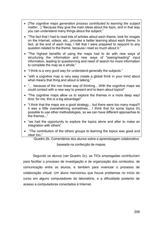  [The cognitive maps generation process contributed to learning the subject
  matter…] “Because they give the main ideas about the topic, and in that way
  you can understand many things about the subject.”
 “The fact that I had to read lots of articles about each theme, look for images
  on the Internet, videos, etc., provoke a better learning about each theme. In
  fact, at the end of each map, I felt that I were prepared to respond to any
  question related to the theme, because i read so much about it.”
 “The highest benefits of using the maps had to do with new ways of
  structuring the information and new ways of "seeing/reading" input
  information, leading to questionning and need of search for more information
  to complete the map as a whole.”
 “I think is a very good way for understand generally the subjects.”
 “with a cognitive map is very easy create a global think in your mind about
  what means that thing and about is talking.”
 “… because of the non linear way of thinking... With the cognitive maps we
  could contact with a new way to present and to learn about topics!”
 “The cognitive maps allow us to explore the themes in a more deep way!
  And, for me, this is a big advantage!”
 “I think that the maps are a good strategy... but there were too many maps!!!
  it was a little overwhelming sometimes... I think that for some topics it's
  possible to use other methodologies, so we can have different approaches to
  the themes...”
 “we had the opportunity to explore the topics alone and after to make an
  integration with others”
 “The contribution of the others groups to learning the topics was good and
  clear too.”
      Quadro 2b. Comentários dos alunos sobre a aprendizagem colaborativa
                      baseada na confecção de mapas.


      Segundo os alunos (ver Quadro 2c), as TICs empregadas contribuíram
para facilitar o processo de investigação e de organização dos conteúdos, de
comunicação entre os alunos, e também para vivenciar o processo de
colaboração virtual. Um aluno mencionou que houve problemas no início do
curso em alguns computadores do laboratório, e a dificuldade posterior de
acesso a computadores conectados à Internet.




                                                                             258
 