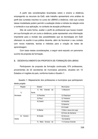A partir das considerações levantadas sobre o ensino a distância,
empregando os recursos da EaD, este trabalho apresentará uma análise do
perfil dos cursistas inscritos no curso de LIBRAS a distância, visto que cursos
dessa modalidade podem permitir a avaliação direta e indireta da relação entre
o conteúdo e sua aplicação, no contexto de atuação profissional.
        Dito de outra forma, avaliar o perfil do profissional que busca investir
em sua formação em um curso a distância, pode representar uma informação
importante para a revisão das possibilidades que as tecnologias em EaD
oferecem no auxílio à sua prática docente, além de favorecer o seu contato
com novos materiais, teorias e métodos para a criação de redes de
aprendizagem.
        Com base nestas considerações, a seguir será exposto um panorama
sucinto da proposta de formação.


2. DESENVOLVIMENTO DA PROPOSTA DE FORMAÇÃO EM LIBRAS

        Participaram da proposta de formação continuada, 674 professores,
provenientes de 22 secretarias de municípios parceiros, situados em 13
Estados e 4 regiões do país, conforme ilustra o Quadro 1:


     Quadro 1: Mapeamento dos professores e municípios que participaram
deste projeto
        Região               Estado                    Municípios
                             1)   Rio   Grande   do    1) Mossoró
        1)           Norte
Nordeste                     2) Paraíba                2) Oiapoque
                             3) Piauí                  3) Teresina
                             4) Ceará                  4) Aratuba
                                                       5) Itarema
                                                       6) Croatá
                             5) Bahia                  7) Bom Jesus da Lapa
                                                       8) Feira de Santana
        2) Centro-           6) Goiás                  9) Anicuns
Oeste                                                  10) Goiânia
                             7) Mato Grosso do         11) Campo Grande


                                                                              338
 