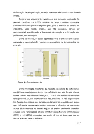 de formação da pós-graduação, ou seja, se estava relacionada com a área de
surdez.
      Embora haja visivelmente investimento em formação continuada, foi
possível identificar que 8,60% relataram ter ainda formação incompleta,
havendo concluído apenas o segundo grau, para o exercício da carreira do
magistério.   Esse   retrato,   mesmo   que   não    desejável,   parece   ser
compreensível, considerando a diversidade de atuação e a formação dos
professores, em nosso país.
      Como se observa, os dados apontados sobre a formação em nível de
graduação e pós-graduação reforçam a necessidade de investimentos em
extensão.




     Figura 4 – Formação escolar


      Outra informação importante, diz respeito ao número de participantes
que já tiveram contato com alunos com deficiência, em sala de aula e/ou na
escola comum. Do universo investigado, 72,36% dos professores relataram
ter experiência, 27,64% informaram que não, enquanto 1% não responderam.
Em função de a maioria dos cursistas declararem ter o contato com alunos
com deficiência, no contexto escolar, reitera-se a afirmativa de que esses
alunos estão inseridos no sistema regular de ensino. Entretanto, diferentes
estudos como Poker (2003); Oliveira (2002); Ferreira; Ferreira, (2004); Kassar
(1999) e Lodi (2004) evidenciam que muito há que se fazer, para que os
surdos acessem o currículo formal.

                                                                           347
 