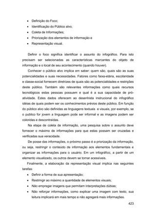    Definição do Foco;
      Identificação do Público alvo;
      Coleta de Informações;
      Priorização dos elementos de informação e
      Representação visual.


    Definir o foco significa identificar o assunto do infográfico. Para isto
precisam ser selecionadas as características marcantes do objeto de
informação e o local de seu acontecimento (quando houver).
    Conhecer o público alvo implica em saber: quem são, quais são as suas
potencialidades e suas necessidades. Fatores como faixa-etária, escolaridade
e classe-social fornecem diretrizes de quais são as potencialidades e restrições
deste público. Também são relevantes informações como quais recursos
tecnológicos estas pessoas possuem e qual é a sua capacidade de pró-
atividade. Estes dados oferecem ao desenhista instrucional do infográfico
idéias de quais podem ser os conhecimentos prévios deste público. Em função
do público alvo são definidas as linguagens textuais e visuais, por exemplo, se
o publico for jovem a linguagem pode ser informal e as imagens podem ser
coloridas e descontraídas.
    Na etapa de coleta de informação, uma pesquisa sobre o assunto deve
fornecer o máximo de informações para que estas possam ser cruzadas e
verificadas sua veracidade.
    De posse das informações, o próximo passo é a priorização da informação,
ou seja, restringir o conteúdo de informação aos elementos fundamentais e
organizar as informações para o usuário. Em um infográfico, a partir de um
elemento visualizado, os outros devem se tornar acessíveis.
   Finalmente, a elaboração da representação visual implica nas seguintes
tarefas:
      Definir a forma de sua apresentação;
      Restringir ao máximo a quantidade de elementos visuais;
      Não empregar imagens que permitam interpretações dúbias;
      Não reforçar informações, como explicar uma imagem com texto, sua
       leitura implicará em mais tempo e não agregará mais informações.

                                                                            423
 
