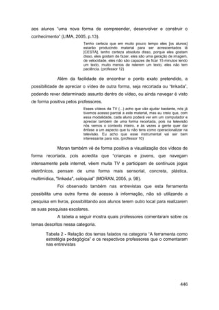 aos alunos “uma nova forma de compreender, desenvolver e construir o
conhecimento” (LIMA, 2005, p.13).
                          Tenho certeza que em muito pouco tempo eles [os alunos]
                          estarão produzindo material para ser acrescentados lá
                          [CESTA], tenho certeza absoluta disso, porque eles gostam
                          disso, eles gostam de fazer, eles são uma geração de imagem,
                          de velocidade, eles não são capazes de ficar 15 minutos lendo
                          um texto, muito menos de relerem um texto, eles não tem
                          paciência. (professor 12)

             Além da facilidade de encontrar o ponto exato pretendido, a
possibilidade de apreciar o vídeo de outra forma, seja recortada ou “linkada”,
podendo rever determinado assunto dentro do vídeo, ou ainda navegar é visto
de forma positiva pelos professores.
                          Esses vídeos da TV (...) acho que vão ajudar bastante, nós já
                          tivemos acesso parcial a este material, mas eu creio que, com
                          essa modalidade, cada aluno poderá ver em um computador e
                          apreciar também de uma forma recortada, pois na televisão
                          nós vemos o contexto inteiro, e às vezes a gente quer dar
                          ênfase a um aspecto que tu não tens como operacionalizar na
                          televisão. Eu acho que esse instrumental vai ser bem
                          interessante para nós. (professor 10)

             Moran também vê de forma positiva a visualização dos vídeos de
forma recortada, pois acredita que “crianças e jovens, que navegam
intensamente pela internet, vêem muita TV e participam de contínuos jogos
eletrônicos, pensam de uma forma mais sensorial, concreta, plástica,
multimídica, "linkada", coloquial” (MORAN, 2005, p. 98).
             Foi observado também nas entrevistas que esta ferramenta
possibilita uma outra forma de acesso à informação, não só utilizando a
pesquisa em livros, possibilitando aos alunos terem outro local para realizarem
as suas pesquisas escolares.
             A tabela a seguir mostra quais professores comentaram sobre os
temas descritos nessa categoria.

       Tabela 2 - Relação dos temas falados na categoria “A ferramenta como
       estratégia pedagógica” e os respectivos professores que o comentaram
       nas entrevistas




                                                                                  446
 