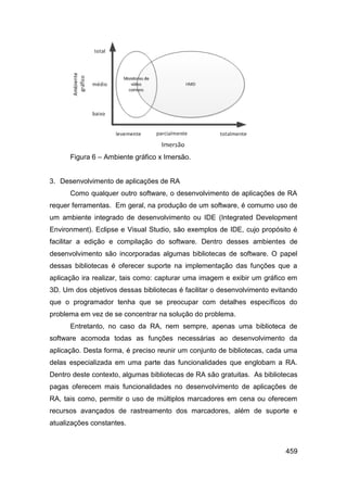 Figura 6 – Ambiente gráfico x Imersão.


3. Desenvolvimento de aplicações de RA
      Como qualquer outro software, o desenvolvimento de aplicações de RA
requer ferramentas. Em geral, na produção de um software, é comumo uso de
um ambiente integrado de desenvolvimento ou IDE (Integrated Development
Environment). Eclipse e Visual Studio, são exemplos de IDE, cujo propósito é
facilitar a edição e compilação do software. Dentro desses ambientes de
desenvolvimento são incorporadas algumas bibliotecas de software. O papel
dessas bibliotecas é oferecer suporte na implementação das funções que a
aplicação ira realizar, tais como: capturar uma imagem e exibir um gráfico em
3D. Um dos objetivos dessas bibliotecas é facilitar o desenvolvimento evitando
que o programador tenha que se preocupar com detalhes específicos do
problema em vez de se concentrar na solução do problema.
      Entretanto, no caso da RA, nem sempre, apenas uma biblioteca de
software acomoda todas as funções necessárias ao desenvolvimento da
aplicação. Desta forma, é preciso reunir um conjunto de bibliotecas, cada uma
delas especializada em uma parte das funcionalidades que englobam a RA.
Dentro deste contexto, algumas bibliotecas de RA são gratuitas. As bibliotecas
pagas oferecem mais funcionalidades no desenvolvimento de aplicações de
RA, tais como, permitir o uso de múltiplos marcadores em cena ou oferecem
recursos avançados de rastreamento dos marcadores, além de suporte e
atualizações constantes.



                                                                          459
 