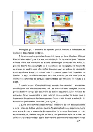 Animações gif2 - anatomia do aparelho genital feminino e indicadores de
qualidades das amostras citológicas.
      O terceiro arquivo (condutasclínicas.zip) tratava do tema Condutas Clínicas
Preconizadas (vide Figura 3) e era uma adaptação fiel do manual para Condutas
Clínicas Frente aos Resultados do Exame citopatológico distribuído pela FOSP. O
principal detalhe dessa adaptação era a possibilidade de navegação pelo documento
na procura do usuário pelas informações desejadas, com um sistema de navegação
muito semelhante aos proporcionados pelos documentos hipertextuais disponíveis na
internet. Ou seja, clicando no resultado do exame acionava um “link” com todas as
informações referentes às condutas recomendadas pelo Ministério de Saúde e a
FOSP.
      O quarto arquivo (fasesdacoleta.zip) quando descompactado, apresentava
quatro tópicos que funcionavam como “link” de acesso ao tema desejado. O aluno
poderia também navegar pelo documento de maneira seqüencial. Vários recursos de
animações foram incorporados a esse material, com o objetivo de tornar clara a
importância de cada uma das fases que compõem a coleta durante a realização do
exame e na qualidade dos resultados (vide Figura 3).
      O quinto arquivo (histologiacoloutero.zip) relacionava-se com descrições sobre
o tema Histologia do Colo Uterino e Vagina. Na página final desse documento, havia
uma animação com a representação esquemática de um corte transversal do colo,
representando as diversas posições em que a JEC poderia se localizar. Abaixo da
animação, quando acionado o botão, aparecia uma foto com uma visão macroscópica
                                                                          517
 