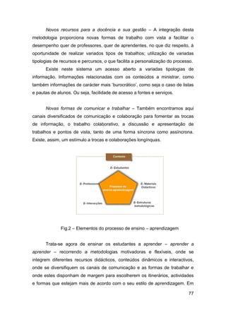 Novos recursos para a docência e sua gestão – A integração desta
metodologia proporciona novas formas de trabalho com vista a facilitar o
desempenho quer de professores, quer de aprendentes, no que diz respeito, à
oportunidade de realizar variados tipos de trabalhos; utilização de variadas
tipologias de recursos e percursos, o que facilita a personalização do processo.
      Existe neste sistema um acesso aberto a variadas tipologias de
informação. Informações relacionadas com os conteúdos a ministrar, como
também informações de carácter mais „burocrático‟, como seja o caso de listas
e pautas de alunos. Ou seja, facilidade de acesso a fontes e serviços.


      Novas formas de comunicar e trabalhar – Também encontramos aqui
canais diversificados de comunicação e colaboração para fomentar as trocas
de informação, o trabalho colaborativo, a discussão e apresentação de
trabalhos e pontos de vista, tanto de uma forma síncrona como assíncrona.
Existe, assim, um estímulo a trocas e colaborações longínquas.




              Fig.2 – Elementos do processo de ensino – aprendizagem


      Trata-se agora de ensinar os estudantes a aprender – aprender a
aprender – recorrendo a metodologias motivadoras e flexíveis, onde se
integrem diferentes recursos didácticos, conteúdos dinâmicos e interactivos,
onde se diversifiquem os canais de comunicação e as formas de trabalhar e
onde estes disponham de margem para escolherem os itinerários, actividades
e formas que estejam mais de acordo com o seu estilo de aprendizagem. Em

                                                                             77
 