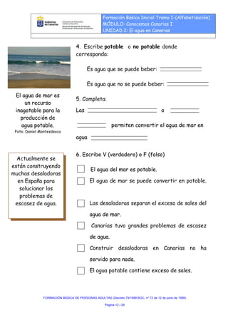 Formación Básica Inicial Tramo I-(Alfabetización)
                                                   MÓDULO: Conocemos Canarias I
                                                   UNIDAD 2: El agua en Canarias


                                   4. Escribe potable o no potable donde
                                   corresponda:

                                         Es agua que se puede beber:

                                         Es agua que no se puede beber:

 El agua de mar es
                                   5. Completa:
     un recurso
 inagotable para la                Las                                                 o
   producción de
   agua potable.                                        permiten convertir el agua de mar en
 Foto: Daniel Montesdeoca
                                   agua


                                   6. Escribe V (verdadero) o F (falso)
  Actualmente se
están construyendo
                                            El agua del mar es potable.
muchas desaladoras
  en España para                           El agua de mar se puede convertir en potable.
   solucionar los
   problemas de
 escasez de agua.                          Las desaladoras separan el exceso de sales del

                                           agua de mar.

                                            Canarias tuvo grandes problemas de escasez

                                           de agua.

                                           Construir desaladoras en Canarias no ha

                                           servido para nada.

                                           El agua potable contiene exceso de sales.



               FORMACIÓN BÁSICA DE PERSONAS ADULTAS (Decreto 79/1998 BOC. nº 72 de 12 de junio de 1998)

                                                    Página 12 / 29
 