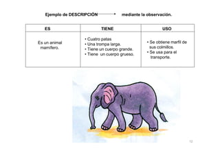 Ejemplo de DESCRIPCIÓN            mediante la observación.


   ES                       TIENE                        USO

                   • Cuatro patas
Es un animal       • Una trompa larga.           • Se obtiene marfil de
 mamífero.         • Tiene un cuerpo grande.       sus colmillos.
                   • Tiene un cuerpo grueso.     • Se usa para el
                                                    transporte.




                                                                          12
 