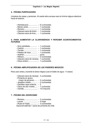 Capítulo I – La Magia Vegetal


4. PÓCIMA PURIFICADORA

Limpieza de casas y personas. Al usarla abra aunque sea al mínimo alguna abertura
hacia el exterior.


      - Hierbabuena..................      -    6 cucharadas
      - Menta verde...................     -    1 cucharada
      - Romero..........................   -    1 cucharada
      - Cáscara seca de limón..            -    1 cucharada
      - Cáscara seca de lima....           -    1 cucharada


5. PARA AUMENTAR LA CLARIVIDENCIA Y PERCIBIR ACONTECIMIENTOS
FUTUROS

      - Anís estrellado.............. -         1 cucharada
      - Cedrón.......................... -      1 cucharada
      - Tomillo.......................... -     1 cucharada
      - Pétalos de rosa............. -          1 cucharada
      - Azafrán.......................... -     pizca
      - Hibisco........................... -    2 cucharadas
      - Cáscara seca de naranja -               1 cucharada
      - Clavo entero................... -       1 cucharadita


6. PÓCIMA AMPLIFICADORA DE LOS PODERES MÁGICOS

Para usar antes y durante la tarea mágica (use el doble de agua - 4 vasos)

      - Cáscara seca de naranja -               4 cucharadas
      - Pimienta en grano
         (mejor de jamaica)....... -            4 cucharadas
      - Jengibre molido............. -          2 cucharadas
      - Claveles rojos enteros... -             2
      - Clavo de olor molido...... -            1 cucharada
      - Vainilla........................... -   1/2 chaucha


7. PÓCIMA DEL EXORCISMO

      - Romero.......................... - 3 cucharadas
      - Laurel............................. - 5 hojas
      - Ruda en hojas................ - 3 cucharadas
      Opcional además 1 pizca de pimienta de chile




                                                    17 / 34
 