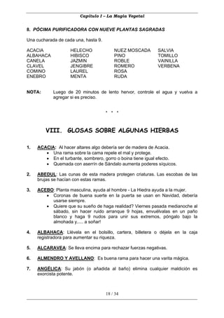 Capítulo I – La Magia Vegetal


8. PÓCIMA PURIFICADORA CON NUEVE PLANTAS SAGRADAS

Una cucharada de cada una, hasta 9.

ACACIA              HELECHO               NUEZ MOSCADA      SALVIA
ALBAHACA            HIBISCO               PINO              TOMILLO
CANELA              JAZMIN                ROBLE             VAINILLA
CLAVEL              JENGIBRE              ROMERO            VERBENA
COMINO              LAUREL                ROSA
ENEBRO              MENTA                 RUDA


NOTA:       Luego de 20 minutos de lento hervor, controle el agua y vuelva a
            agregar si es preciso.


                                      * * *


        VIII. GLOSAS SOBRE ALGUNAS HIERBAS

1.   ACACIA: Al hacer altares algo debería ser de madera de Acacia.
        • Una rama sobre la cama repele el mal y protege.
        • En el turbante, sombrero, gorro o boina tiene igual efecto.
        • Quemada con aserrín de Sándalo aumenta poderes síquicos.

2.   ABEDUL: Las cunas de esta madera protegen criaturas. Las escobas de las
     brujas se hacían con estas ramas.

3.   ACEBO: Planta masculina, ayuda al hombre - La Hiedra ayuda a la mujer.
        • Coronas de buena suerte en la puerta se usan en Navidad, debería
          usarse siempre.
        • Quiere que su sueño de haga realidad? Viernes pasada medianoche al
          sábado, sin hacer ruido arranque 9 hojas, envuélvalas en un paño
          blanco y haga 9 nudos para unir sus extremos, póngalo bajo la
          almohada y..... a soñar!

4.   ALBAHACA: Llévela en el bolsillo, cartera, billetera o déjela en la caja
     registradora para aumentar su riqueza.

5.   ALCARAVEA: Se lleva encima para rechazar fuerzas negativas.

6.   ALMENDRO Y AVELLANO: Es buena rama para hacer una varita mágica.

7.   ANGÉLICA: Su jabón (o añadida al baño) elimina cualquier maldición es
     exorcista potente.



                                      18 / 34
 