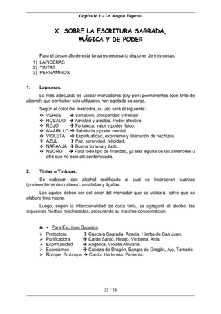 Capítulo I – La Magia Vegetal


               X. SOBRE LA ESCRITURA SAGRADA,
                     MÁGICA Y DE PODER

        Para el desarrollo de esta tarea es necesario disponer de tres cosas:
     1) LAPICERAS
     2) TINTAS
     3) PERGAMINOS


1.      Lapiceras.
      Lo más adecuado es utilizar marcadores (dry pen) permanentes (con tinta de
alcohol) que por haber sido utilizados han agotado su carga.
        Según el color del marcador, su uso será el siguiente:
          VERDE           Sanación, prosperidad y trabajo
          ROSADO          Amistad y afectos. Poder afectivo.
          ROJO            Fortaleza, valor y poder físico.
          AMARILLO        Sabiduría y poder mental.
          VIOLETA         Espiritualidad, exorcismo y liberación de hechizos.
          AZUL            Paz, serenidad, felicidad.
          NARANJA         Buena fortuna y éxito.
          NEGRO          Para todo tipo de finalidad, ya sea alguna de las anteriores u
          otra que no esté allí contemplada.


2.      Tintas o Tinturas.
       Se elaboran con alcohol rectificado al cual se incorporan cuarzos
(preferentemente cristales), amatistas y ágatas.
      Las ágatas deben ser del color del marcador que se utilizará, salvo que se
elabore tinta negra.
       Luego, según la intencionalidad de cada tinta, se agregará al alcohol las
siguientes hierbas machacadas, procurando su máxima concentración.


        A - Para Escritura Sagrada:
          Protectora          Cáscara Sagrada, Acacia, Hierba de San Juan.
          Purificadora        Cardo Santo, Hinojo, Verbena, Anís.
          Espiritualidad      Angélica, Violeta Africana.
          Exorcismos          Cabeza de Dragón, Sangre de Dragón, Ajo, Tamarís.
          Romper Embrujos     Cardo, Hortensia, Pimienta.




                                         25 / 34
 