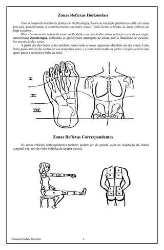 Humaniversidade Holística 6 
Zonas Reflexas Horizontais 
Com o desenvolvimento da prática em Reflexologia, foram-se traçando parâmetros cada vez mais precisos, possibilitando o estabelecimento das redes zonais (onde ficam definidas as áreas reflexas de todo o corpo). 
Mais recentemente desenvolveu-se no Ocidente um estudo das zonas reflexas verticais no corpo, denominada Zonoterapia, utilizando-se gráfico para marcações de zonas, com a finalidade de localizá- las através de dez zonas. 
A partir dos dez dedos e dez artelhos, temos todo o nosso organismo dividido em dez zonas. Cada linha passa através do centro de sua respectiva zona, e a zona inclui todas as partes e órgãos através dos quais passa a respectiva linha de zona. 
Zonas Reflexas Correspondentes 
As zonas reflexas correspondentes também podem ser de grande valor na realização da leitura corporal e no uso da visão holística da terapia natural.  
