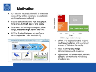 Motivation
● IOT devices have requirements of wide area
connectivity for low power and low data rate
devices at economical cost
● Legacy cellular solutions- high throughput,
long range, but high power and costly
● WLAN 802.11 a-n- high throughput, short
range, moderate-high power and cost
● LPWA- Tradeoff between above (Some
technologies like LoRa and NB-IoT)
● LPWA- For applications that require
multi-year batteries and send small
amount of data less frequently
● Also, involving long range
communications with low power
● Applications like Smart meter, seismic
sensors, environmental monitoring,
smart grid etc.
 