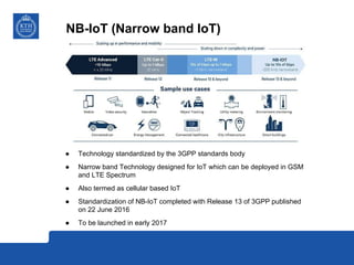 NB-IoT (Narrow band IoT)
● Technology standardized by the 3GPP standards body
● Narrow band Technology designed for IoT which can be deployed in GSM
and LTE Spectrum
● Also termed as cellular based IoT
● Standardization of NB-IoT completed with Release 13 of 3GPP published
on 22 June 2016
● To be launched in early 2017
 