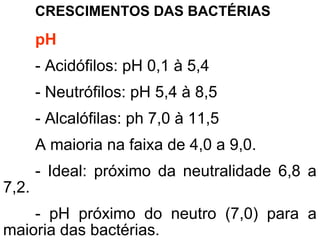 CRESCIMENTOS DAS BACTÉRIAS
pH
- Acidófilos: pH 0,1 à 5,4
- Neutrófilos: pH 5,4 à 8,5
- Alcalófilas: ph 7,0 à 11,5
A maioria na faixa de 4,0 a 9,0.
- Ideal: próximo da neutralidade 6,8 a
7,2.
- pH próximo do neutro (7,0) para a
maioria das bactérias.
 