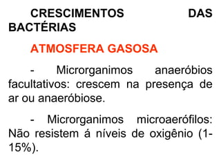 CRESCIMENTOS DAS
BACTÉRIAS
ATMOSFERA GASOSA
- Microrganimos anaeróbios
facultativos: crescem na presença de
ar ou anaeróbiose.
- Microrganimos microaerófilos:
Não resistem á níveis de oxigênio (1-
15%).
 