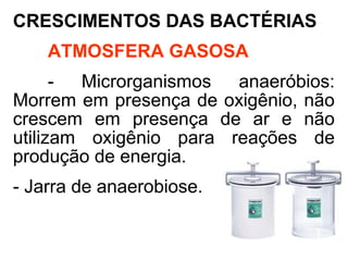 CRESCIMENTOS DAS BACTÉRIAS
ATMOSFERA GASOSA
- Microrganismos anaeróbios:
Morrem em presença de oxigênio, não
crescem em presença de ar e não
utilizam oxigênio para reações de
produção de energia.
- Jarra de anaerobiose.
 