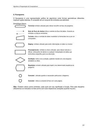 Algoritmo e Programação de Computadores




6. Fluxograma
O fluxograma é uma representação gráfica de algoritmos onde formas geométricas diferentes
implicam ações distintas. É composto de um conjunto de símbolos pré-definidos.

Simbologia básica:
                       Terminal: símbolo utilizado para indicar inicio/fim do fluxo do programa.


                       Seta de fluxo de dados: indica o sentido do fluxo de dados. Conecta os
                       símbolos ou blocos existentes.

                       Teclado: indica a entrada de dados recebidas ou fornecidas de ou por um
                       computador.


                       Display: símbolo utilizado para exibir informações no vídeo ou monitor.



                       Processamento: símbolo ou bloco utilizado para indicar cálculos a
                       efetuar, atribuições de valores ou qualquer manipulação de dados que
                       tenha bloco específico para sua descrição


                       Condição: indica uma condição, podendo resultar em uma resposta
                       verdadeira ou falsa.


                       Repetição: símbolo utilizado para repetir uma determinada seqüência do
                       programa.




                       Conector: utilizado quando é necessário particionar o diagrama.


                       Conector: indica a conexão do fluxo em outra página.



Obs.: Existem vários outros símbolos, cada qual com seu significado e função. Para esta disciplina
utilizaremos os indicados na lista acima com suas respectivas variações (quando houver).




                                                                                                   19
 