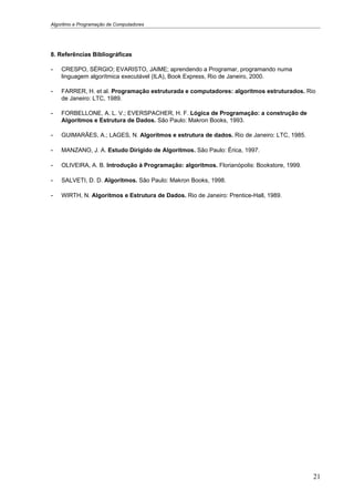 Algoritmo e Programação de Computadores




8. Referências Bibliográficas

-   CRESPO, SÉRGIO; EVARISTO, JAIME; aprendendo a Programar, programando numa
    linguagem algorítmica executável (ILA), Book Express, Rio de Janeiro, 2000.

-   FARRER, H. et al. Programação estruturada e computadores: algoritmos estruturados. Rio
    de Janeiro: LTC, 1989.

-   FORBELLONE, A. L. V.; EVERSPACHER, H. F. Lógica de Programação: a construção de
    Algoritmos e Estrutura de Dados. São Paulo: Makron Books, 1993.

-   GUIMARÃES, A.; LAGES, N. Algoritmos e estrutura de dados. Rio de Janeiro: LTC, 1985.

-   MANZANO, J. A. Estudo Dirigido de Algoritmos. São Paulo: Érica, 1997.

-   OLIVEIRA, A. B. Introdução à Programação: algoritmos. Florianópolis: Bookstore, 1999.

-   SALVETI, D. D. Algoritmos. São Paulo: Makron Books, 1998.

-   WIRTH, N. Algoritmos e Estrutura de Dados. Rio de Janeiro: Prentice-Hall, 1989.




                                                                                            21
 