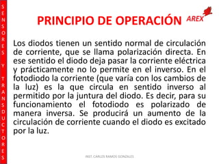 S
E
N
S
O
R
E
S
Y
T
R
A
N
S
D
U
C
T
O
R
E
S

PRINCIPIO DE OPERACIÓN
Los diodos tienen un sentido normal de circulación
de corriente, que se llama polarización directa. En
ese sentido el diodo deja pasar la corriente eléctrica
y prácticamente no lo permite en el inverso. En el
fotodiodo la corriente (que varía con los cambios de
la luz) es la que circula en sentido inverso al
permitido por la juntura del diodo. Es decir, para su
funcionamiento el fotodiodo es polarizado de
manera inversa. Se producirá un aumento de la
circulación de corriente cuando el diodo es excitado
por la luz.
INST. CARLOS RAMOS GONZALES

 